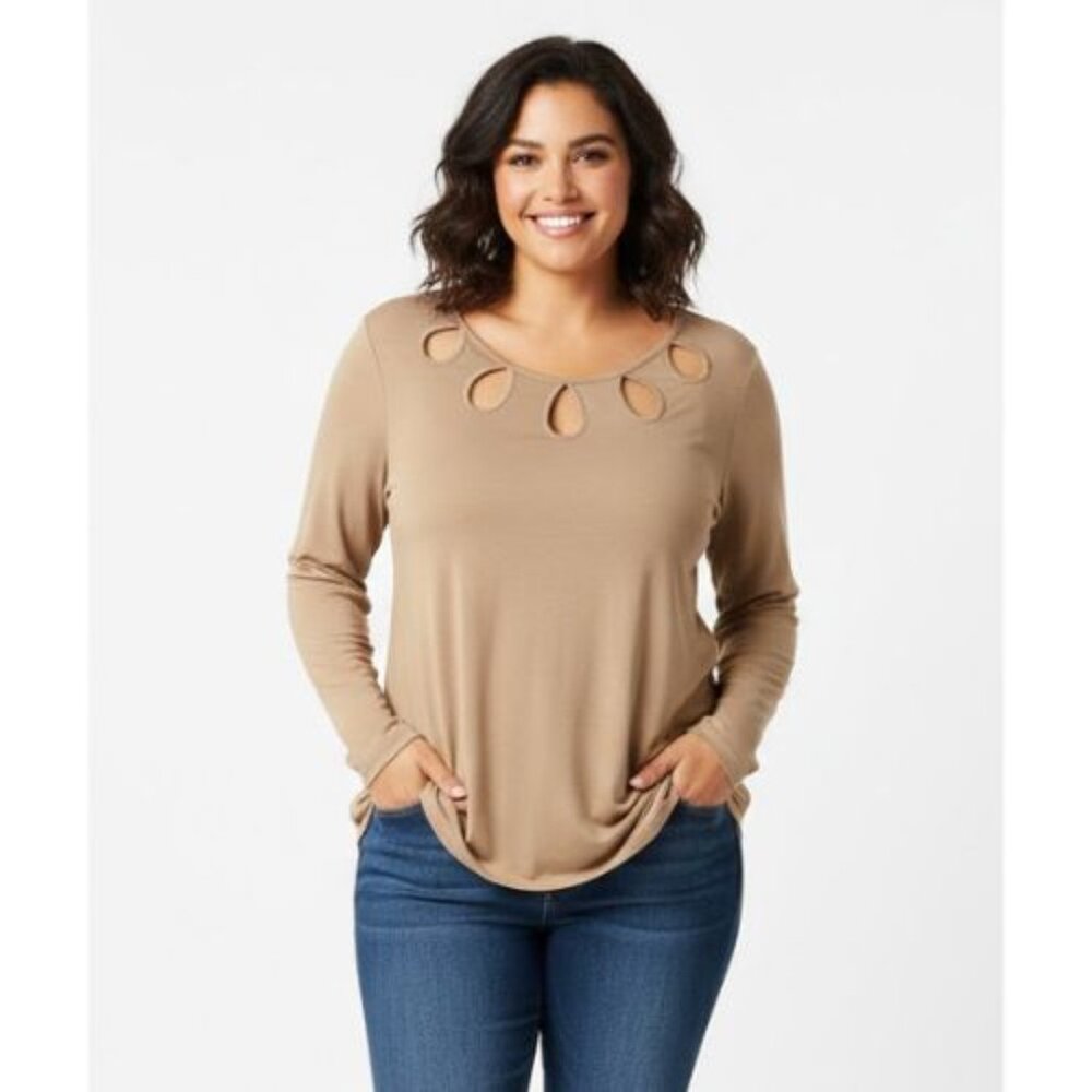 Addition Elle Women's Plus Size 2X Beige Long Sleeve Top with Oval Cut-Outs
